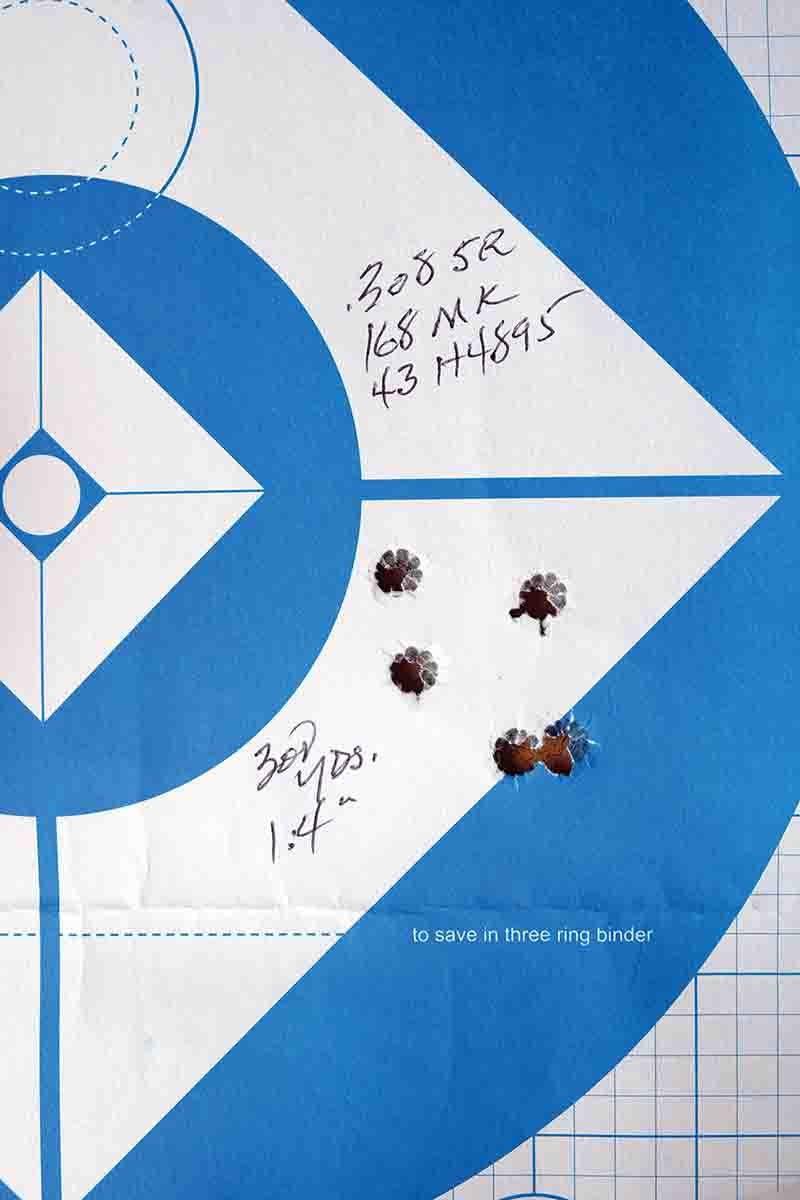 This five-shot group was fired at 300 yards with the .308 Winchester handload using H-4895. A Mountain Plains Industries Range Master target was used for all 300- and 500-yard group shooting.